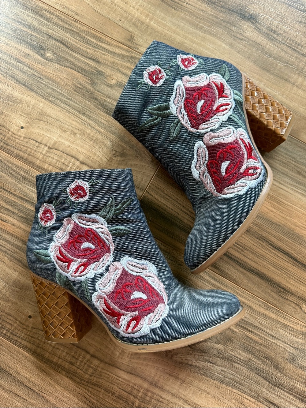 Anthropologie Denim Ankle Boots with Floral Embroidery